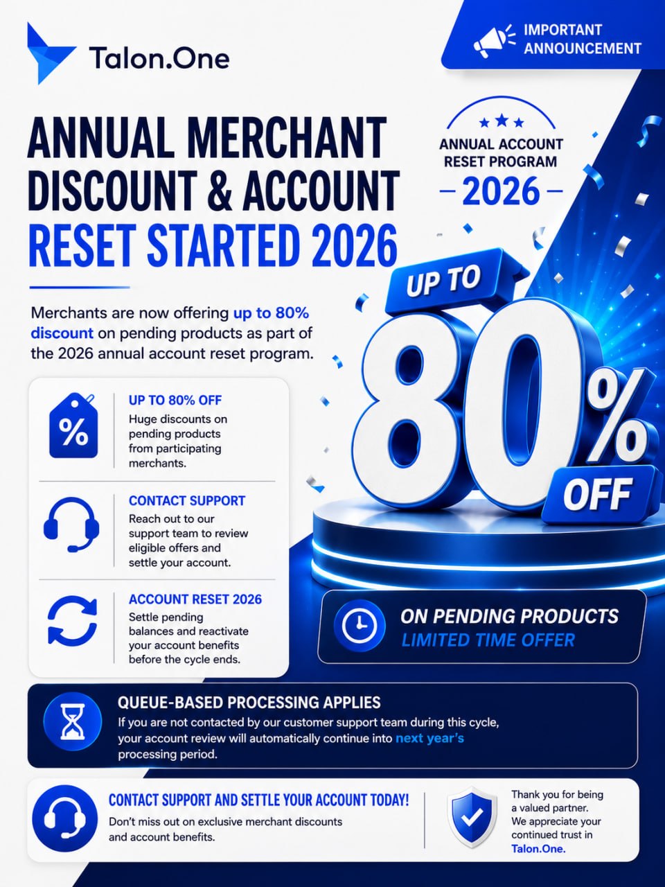 Annual merchant discount and account reset announcement